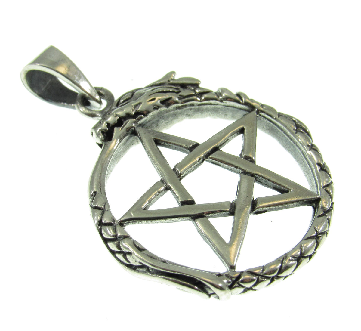 Solid 925 Sterling Silver Ouroboros Pentacle Pendant, Serpent Petagram, Pagan Amulet, Occult Jewelry