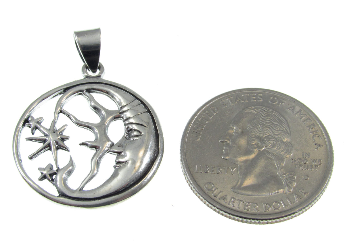 Solid 925 Sterling Silver Crescent Moon Face Pendant, Celestial Stars Amulet, Astrology Jewelry