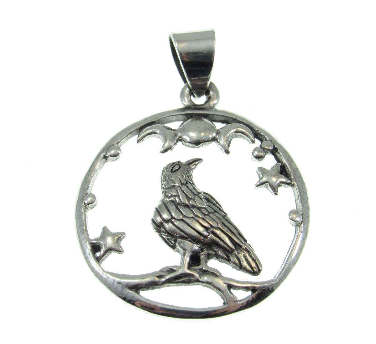 Solid 925 Sterling Silver Raven Moon and Stars Pendant, Gothic Celestial Crow Amulet