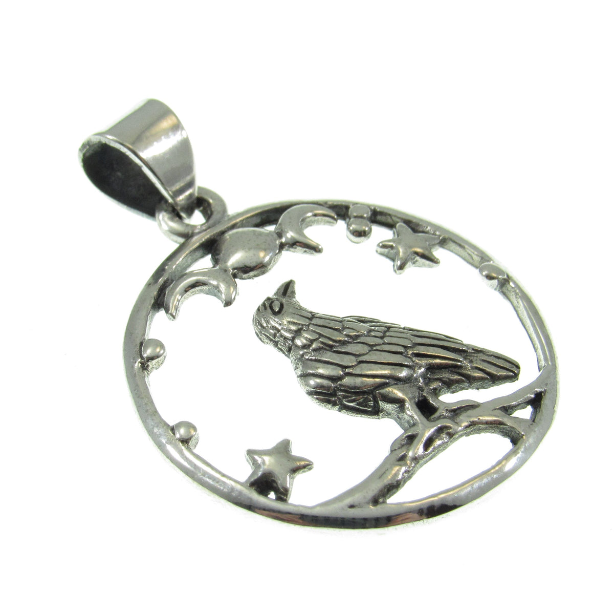 Solid 925 Sterling Silver Raven Moon and Stars Pendant, Gothic Celestial Crow Amulet