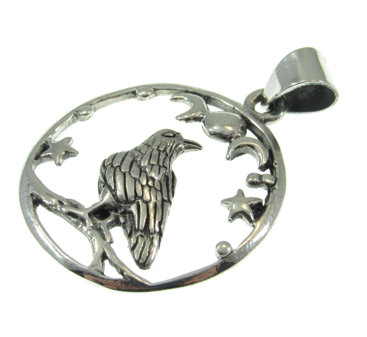 Solid 925 Sterling Silver Raven Moon and Stars Pendant, Gothic Celestial Crow Amulet