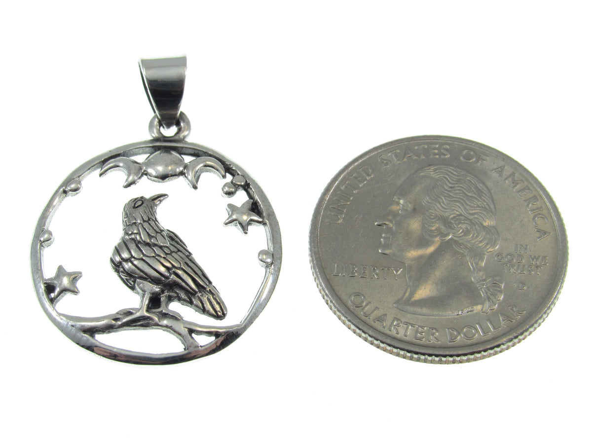 Solid 925 Sterling Silver Raven Moon and Stars Pendant, Gothic Celestial Crow Amulet