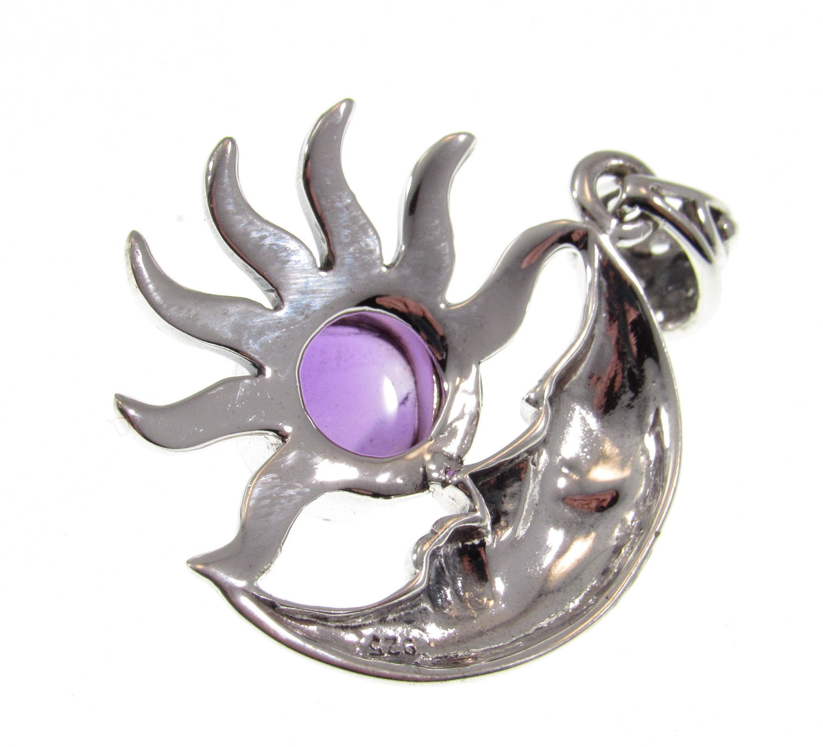 Solid 925 Sterling Silver Crescent Moon & Sun Gemstone Pendant - Amethyst, Labradorite, Rainbow Moonstone