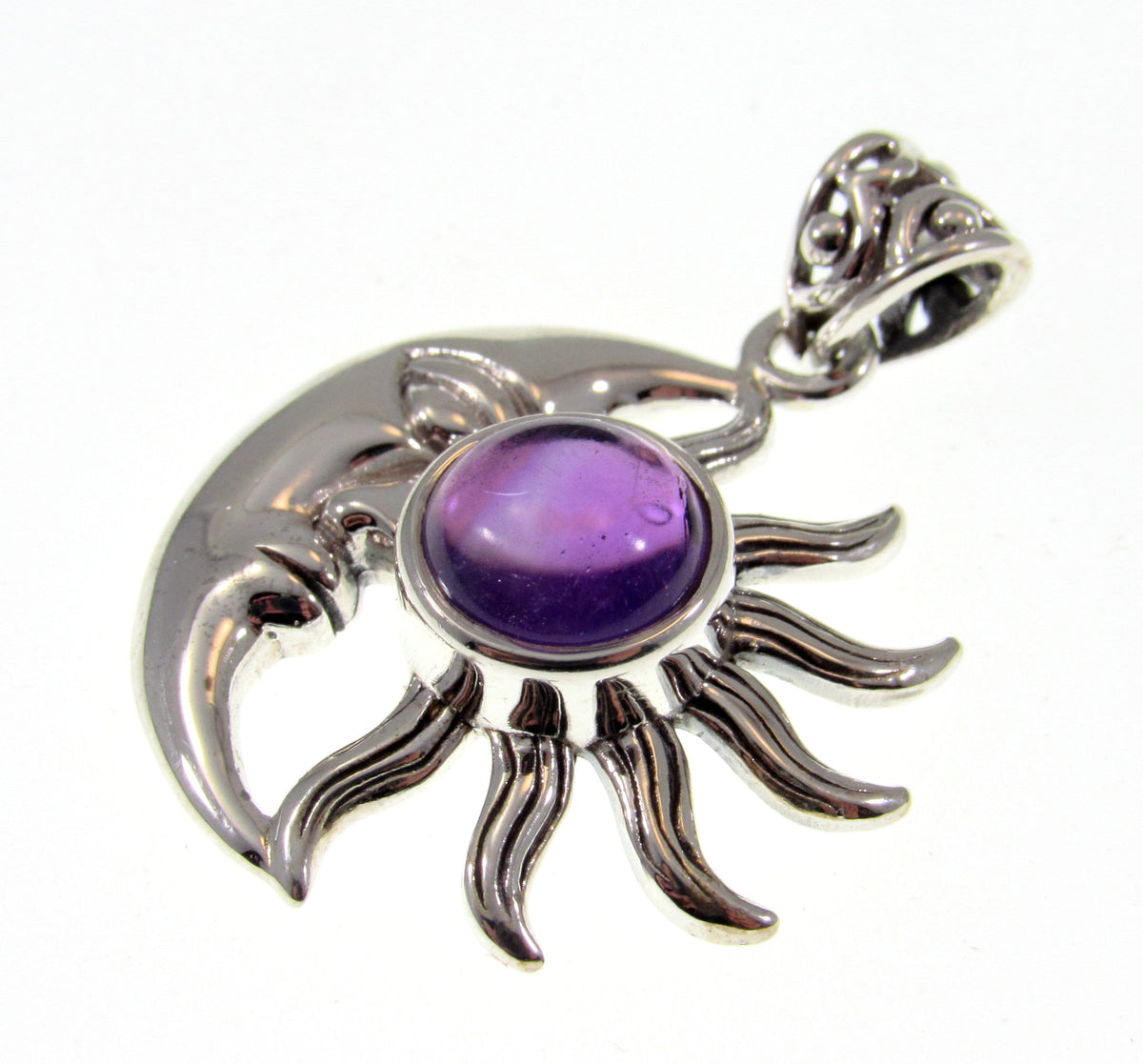Solid 925 Sterling Silver Crescent Moon & Sun Gemstone Pendant - Amethyst, Labradorite, Rainbow Moonstone