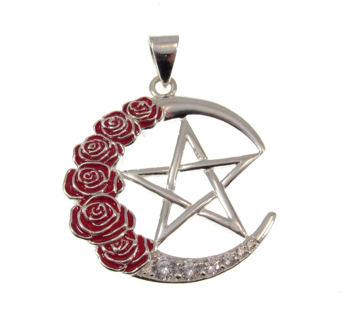 Solid 925 Sterling Silver Crescent Moon Pentagram Pendant Red Enamel Roses CZ Wiccan Amulet