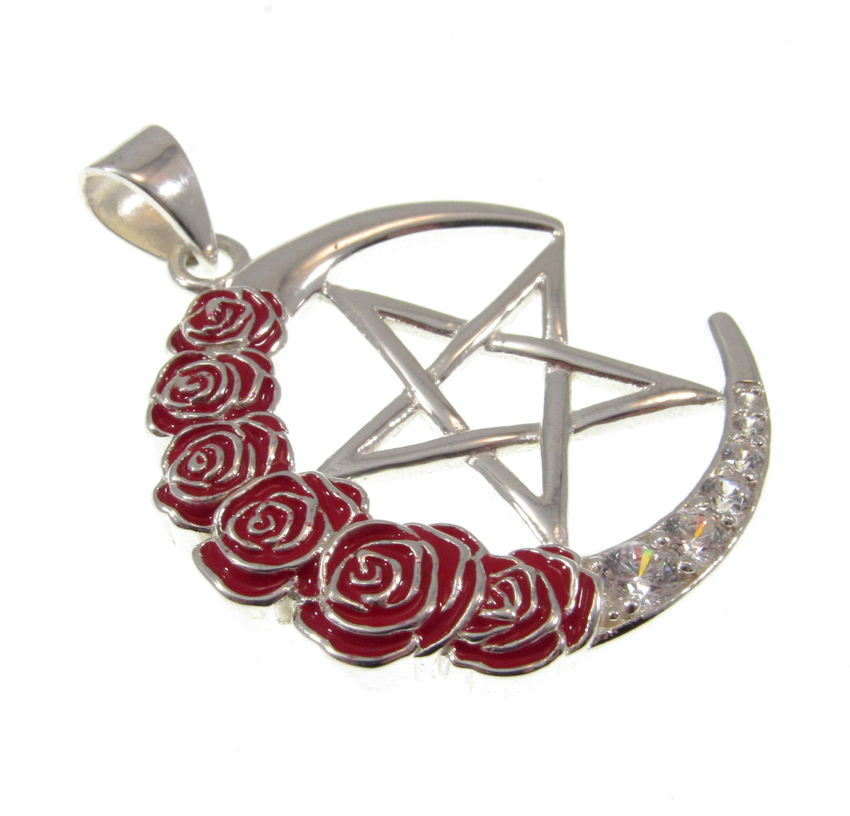 Solid 925 Sterling Silver Crescent Moon Pentagram Pendant Red Enamel Roses CZ Wiccan Amulet