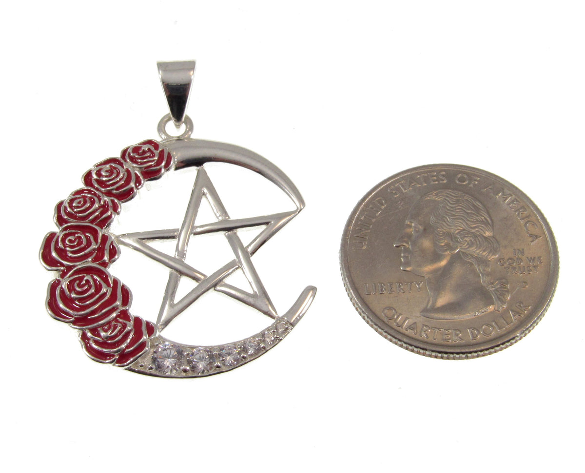 Solid 925 Sterling Silver Crescent Moon Pentagram Pendant Red Enamel Roses CZ Wiccan Amulet