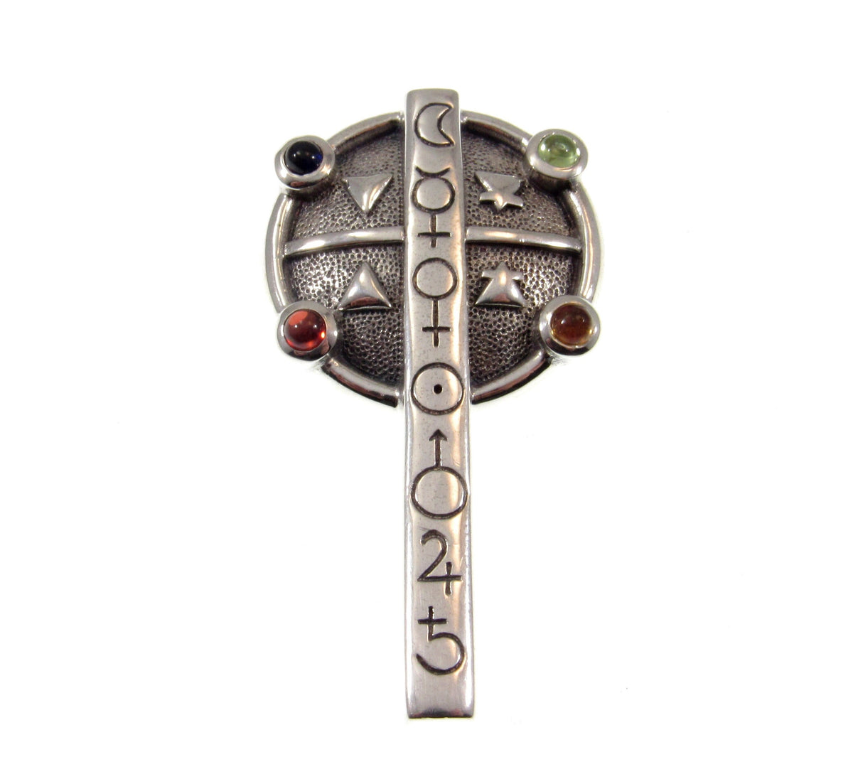 925 Sterling Silver Astrologer’s Cross Pendant – Occult Talisman with Amethyst, Garnet, Peridot & Amber