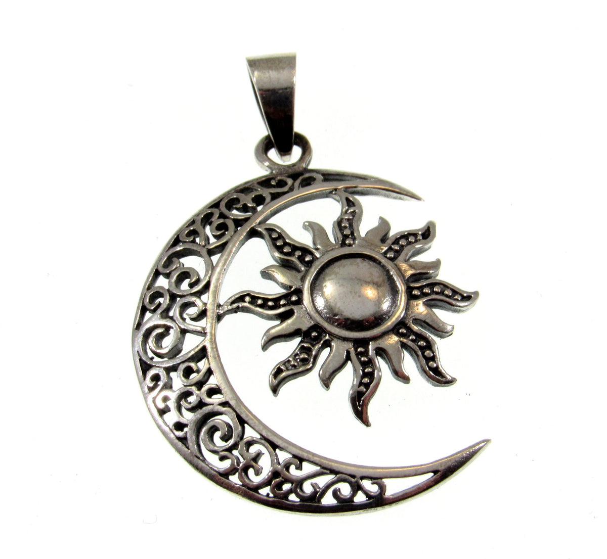 Solid 925 Sterling Silver Sun and Moon Pendant – Celestial Filigree Lunar Solar Talisman