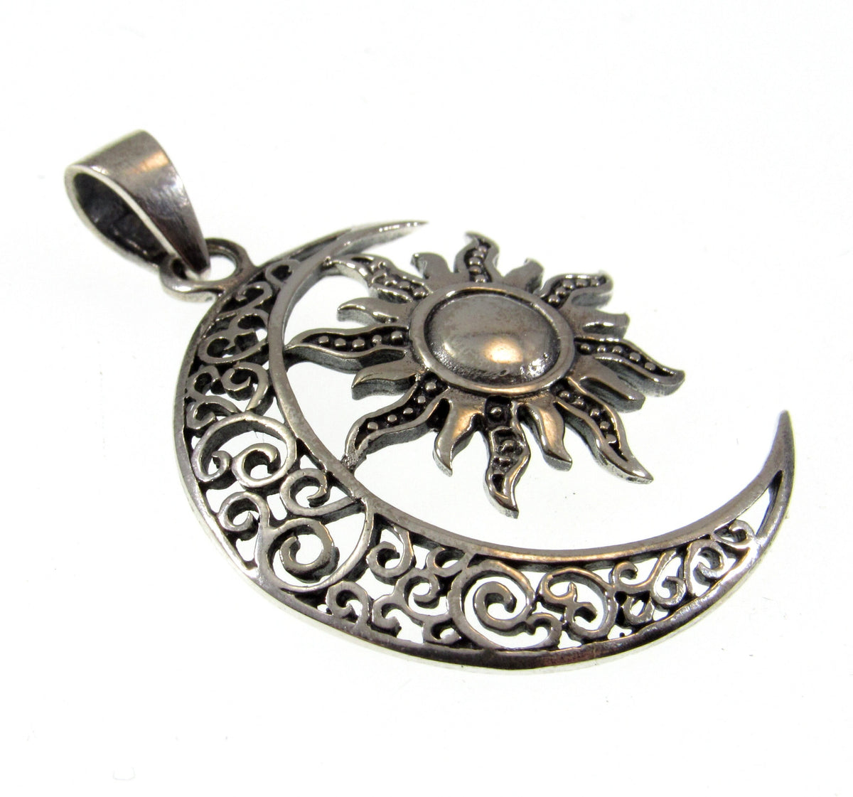 Solid 925 Sterling Silver Sun and Moon Pendant – Celestial Filigree Lunar Solar Talisman
