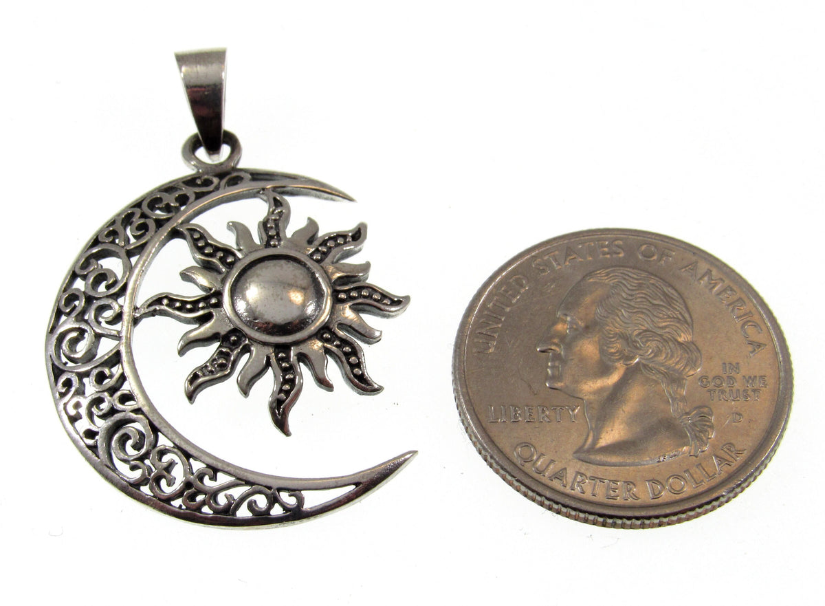 Solid 925 Sterling Silver Sun and Moon Pendant – Celestial Filigree Lunar Solar Talisman