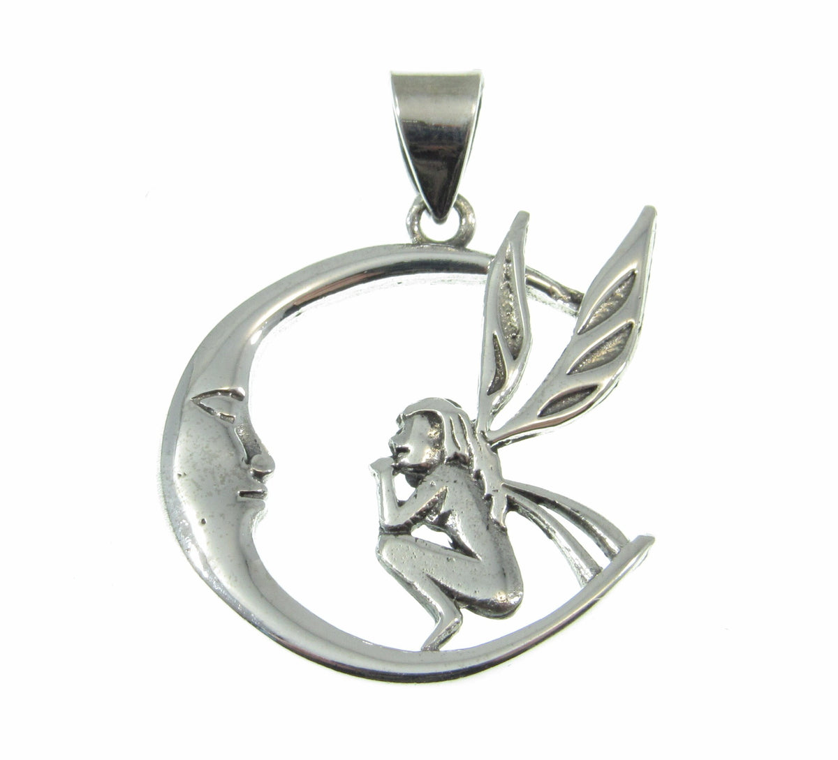 Solid 925 Sterling Silver Fairy Moon Pendant, Crescent Moon Fairycore Amulet, Mystical Fantasy Jewelry