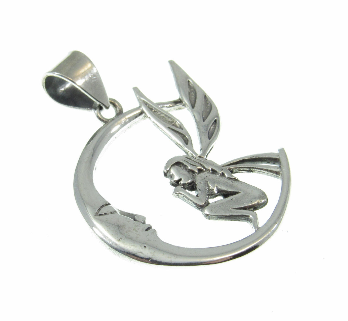 Solid 925 Sterling Silver Fairy Moon Pendant, Crescent Moon Fairycore Amulet, Mystical Fantasy Jewelry