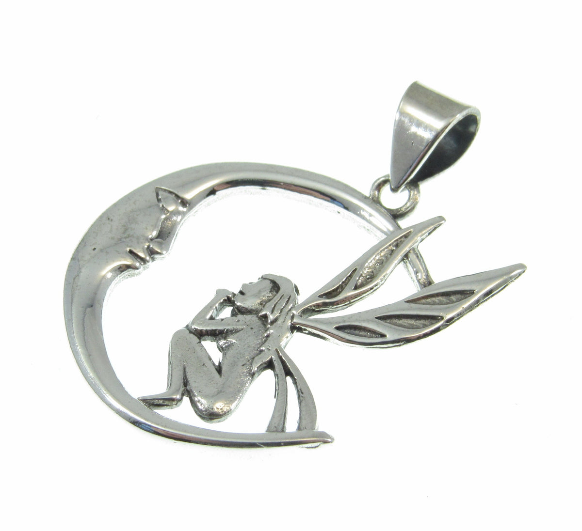 Solid 925 Sterling Silver Fairy Moon Pendant, Crescent Moon Fairycore Amulet, Mystical Fantasy Jewelry