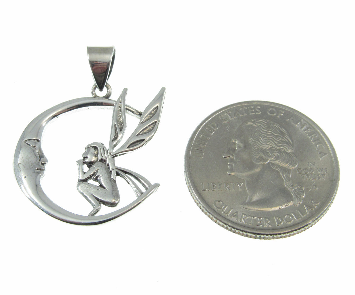 Solid 925 Sterling Silver Fairy Moon Pendant, Crescent Moon Fairycore Amulet, Mystical Fantasy Jewelry