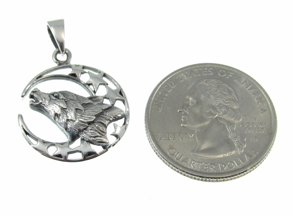 Solid 925 Sterling Silver Wolf Moon Pendant – Howling Wolf Necklace Charm, Spirit Animal Jewelry, Moon and Stars Amulet, Celestial Talisman