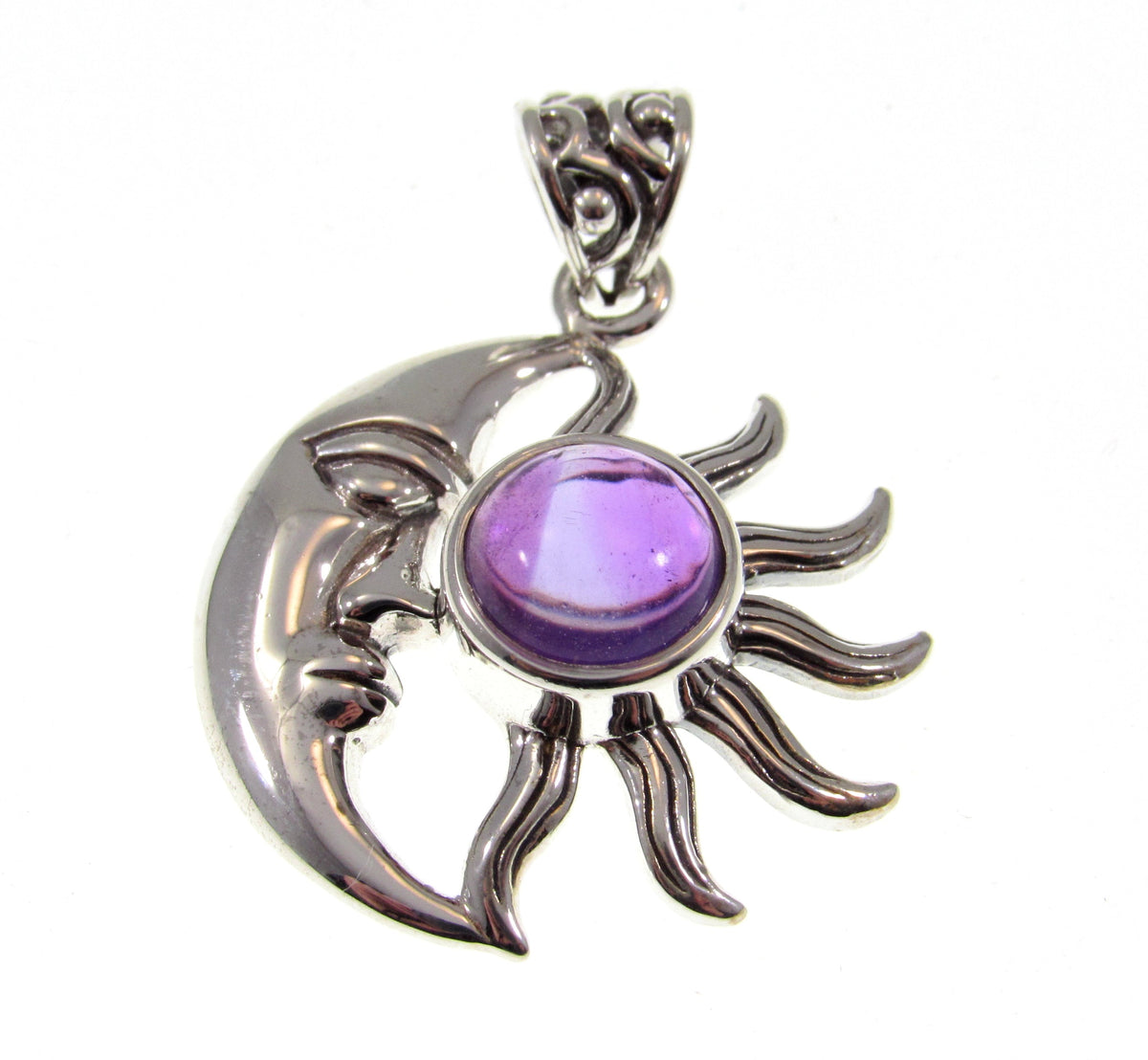 Solid 925 Sterling Silver Crescent Moon & Sun Gemstone Pendant - Amethyst, Labradorite, Rainbow Moonstone