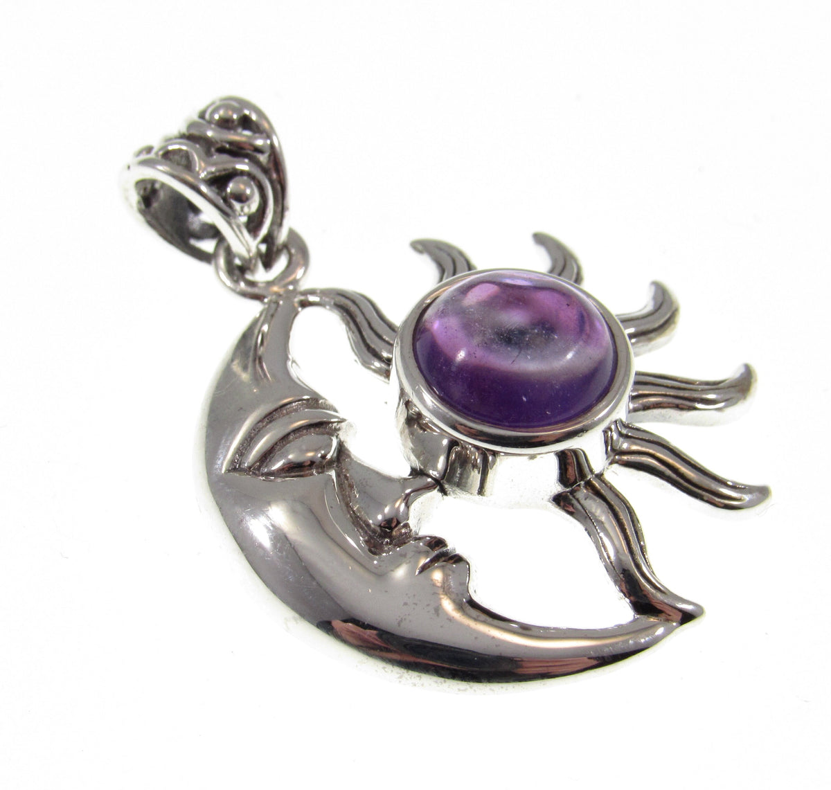 Solid 925 Sterling Silver Crescent Moon & Sun Gemstone Pendant - Amethyst, Labradorite, Rainbow Moonstone