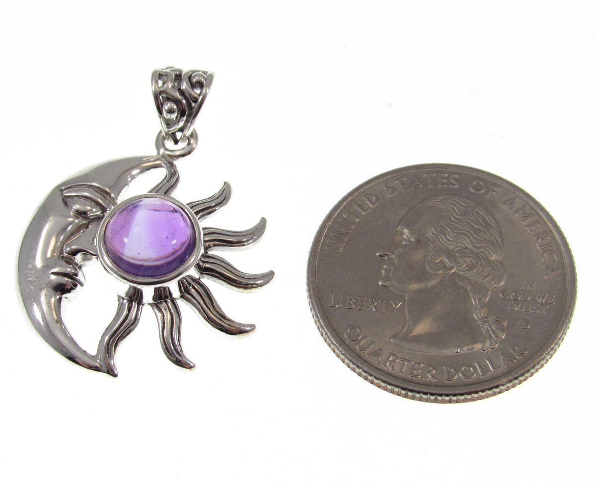 Solid 925 Sterling Silver Crescent Moon & Sun Gemstone Pendant - Amethyst, Labradorite, Rainbow Moonstone