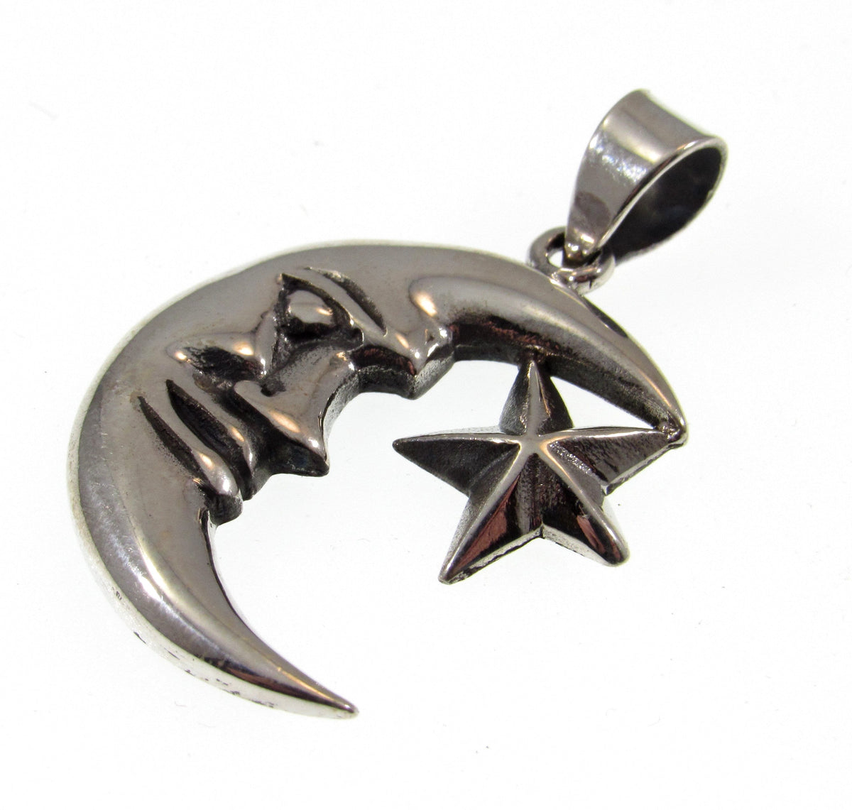 Solid 925 Sterling Silver Crescent Moon and Star Pendant, Gothic Celestial Amulet, Witchy Jewelry