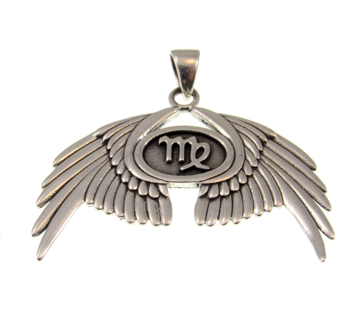 Solid 925 Sterling Silver Virgo Glyph Angel Wings Pendant, Zodiac Astrology Protection Amulet