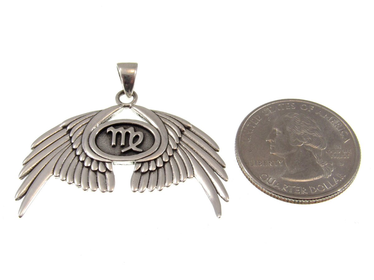 Solid 925 Sterling Silver Virgo Glyph Angel Wings Pendant, Zodiac Astrology Protection Amulet