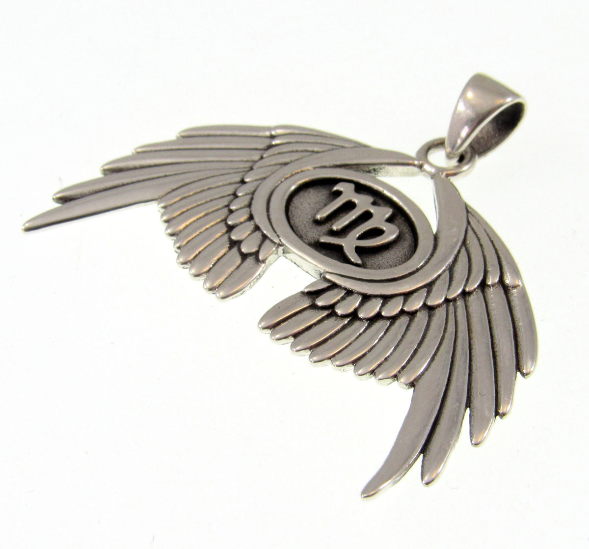 Solid 925 Sterling Silver Virgo Glyph Angel Wings Pendant, Zodiac Astrology Protection Amulet