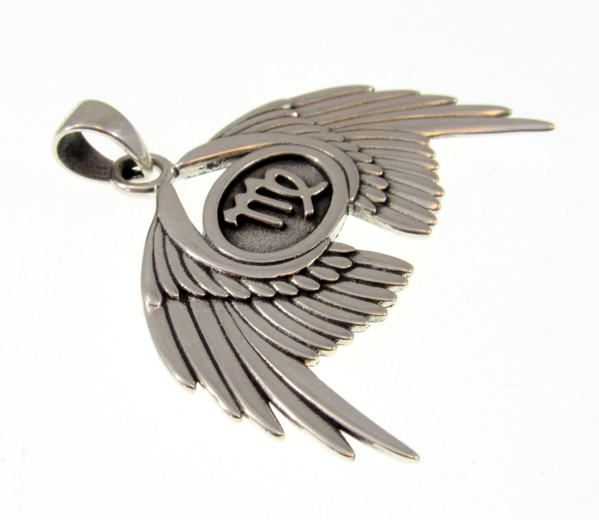 Solid 925 Sterling Silver Virgo Glyph Angel Wings Pendant, Zodiac Astrology Protection Amulet