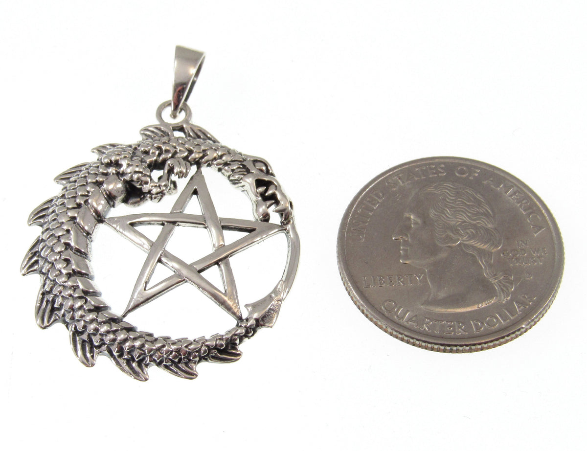 Solid 925 Sterling Silver Dragon Pentacle Pendant, Ouroboros Pentagram Amulet, Magic Pagan Talisman