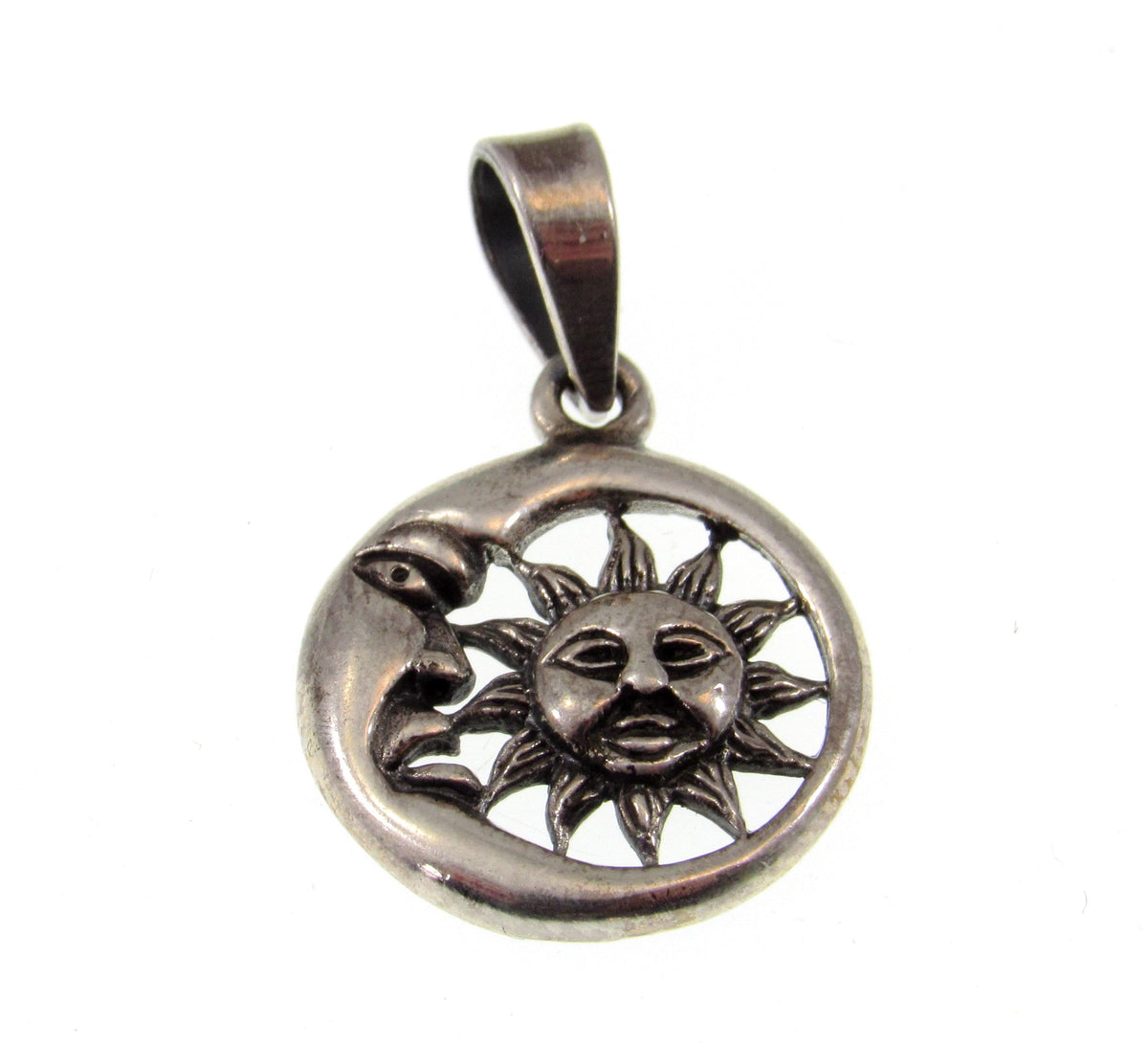 Solid 925 Sterling Silver Sun & Crescent Moon Faces Pendant – Lunar Solar Symbol Necklace Charm