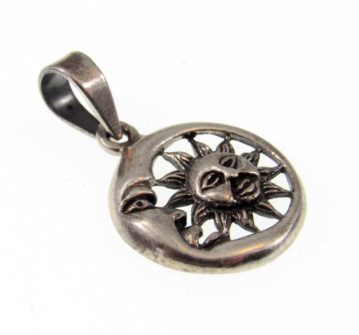 Solid 925 Sterling Silver Sun & Crescent Moon Faces Pendant – Lunar Solar Symbol Necklace Charm