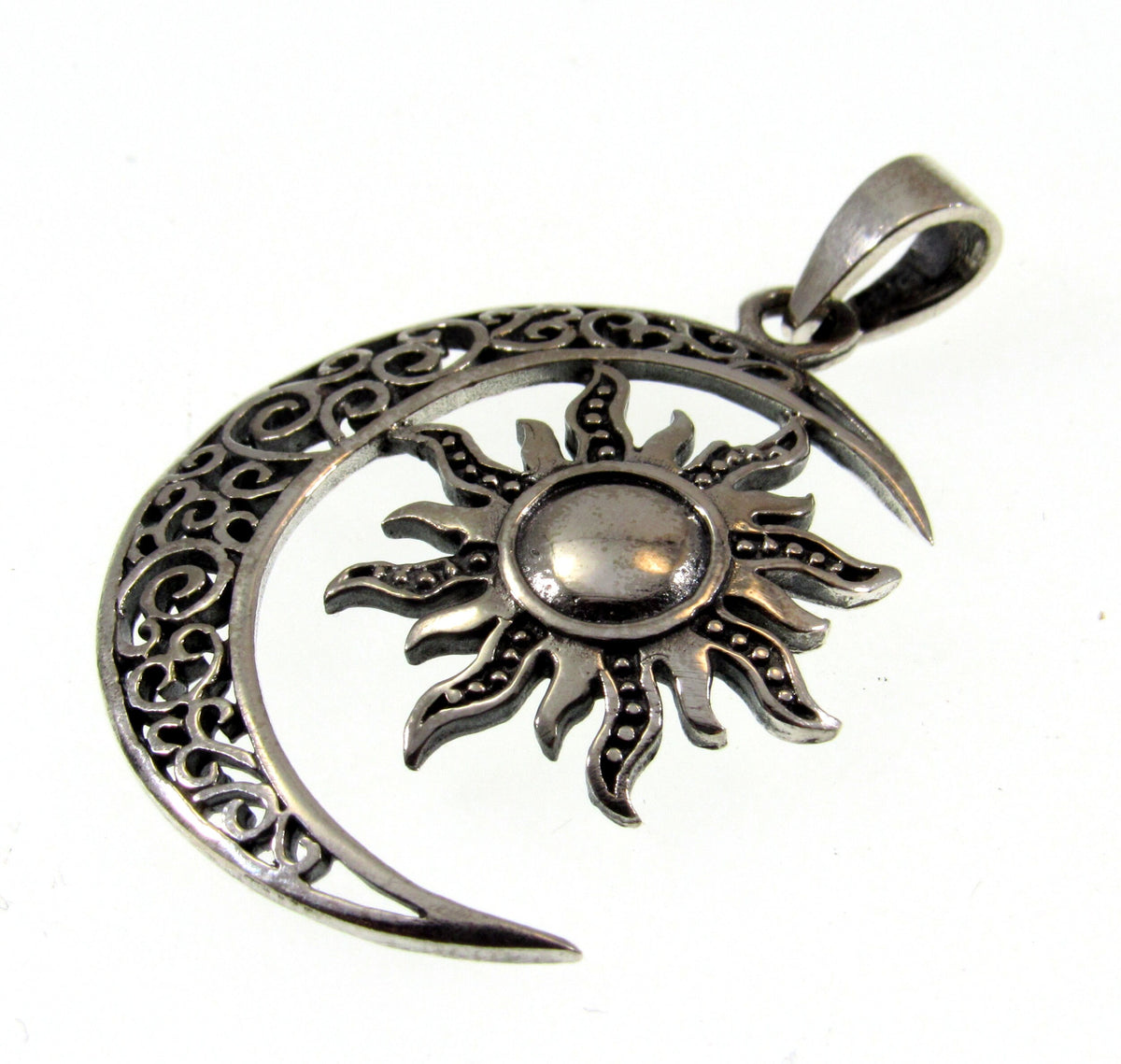 Solid 925 Sterling Silver Sun and Moon Pendant – Celestial Filigree Lunar Solar Talisman