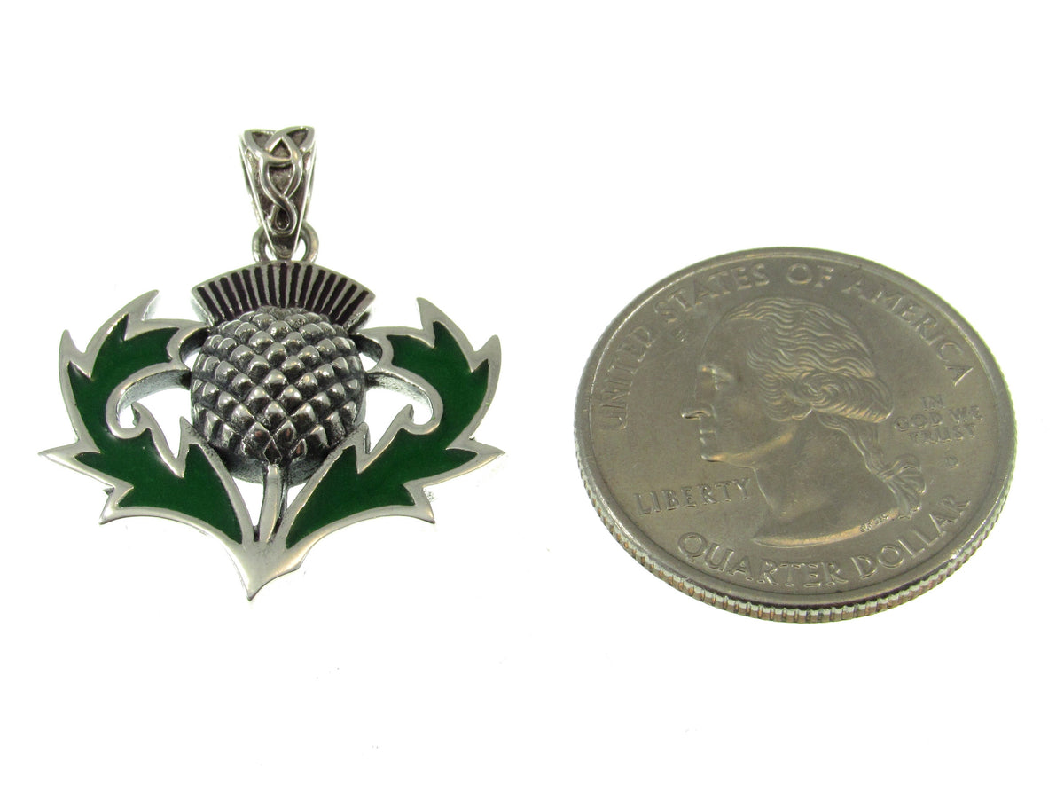 Solid 925 Sterling Silver Celtic Alba Thistle Pendant With Green Enamel