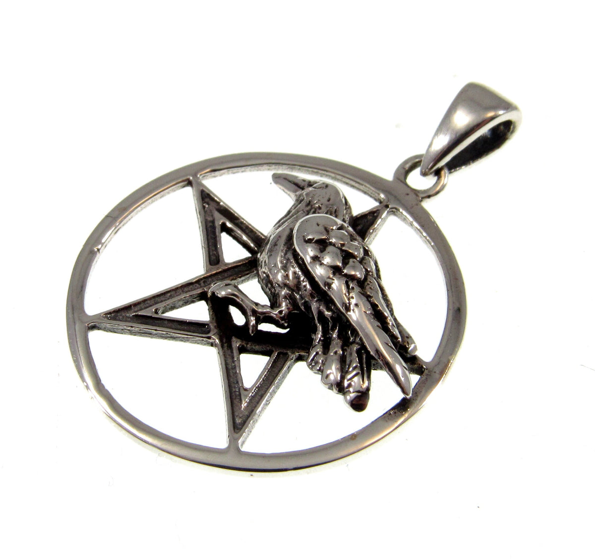Solid 925 Sterling Silver Raven Pentagram Pendant - Gothic Crow Charm