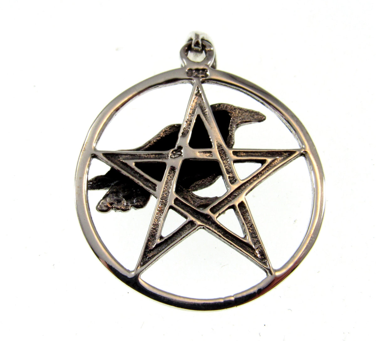 Solid 925 Sterling Silver Raven Pentagram Pendant - Gothic Crow Charm