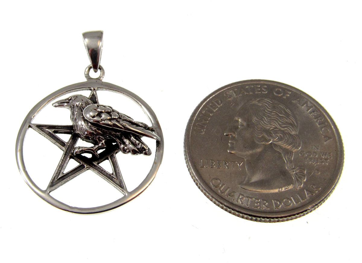 Solid 925 Sterling Silver Raven Pentagram Pendant - Gothic Crow Charm
