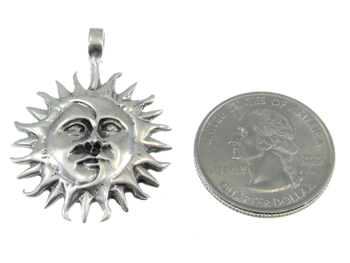 Solid 925 Sterling Silver Sun & Moon Faces Pendant – Celestial Necklace Amulet, Solar / Lunar Jewelry