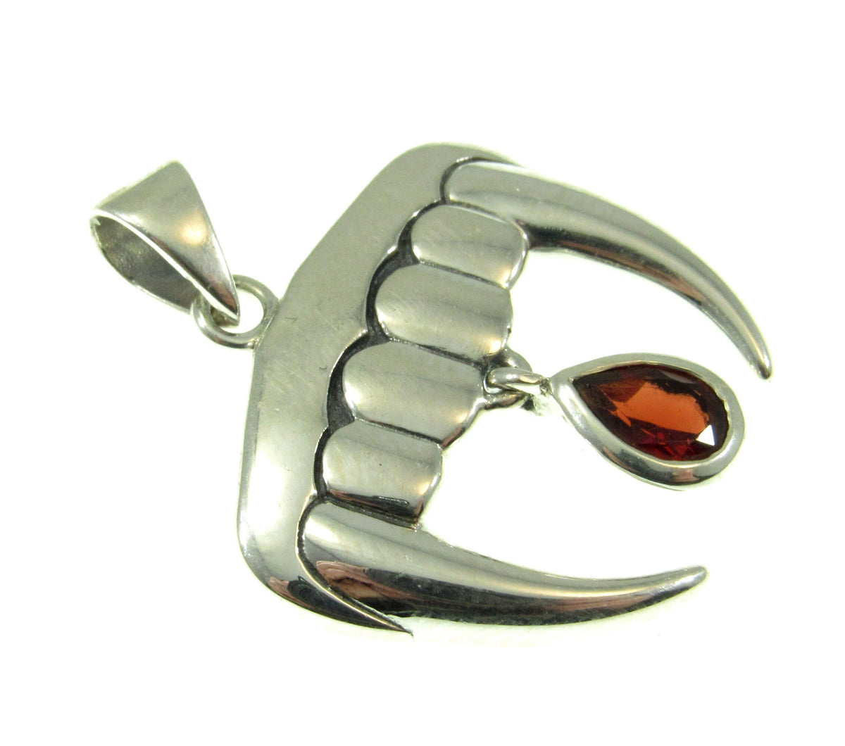Solid 925 Sterling Silver Vampire Teeth and Blood Drop Pendant with Genuine Garnet Gemstone