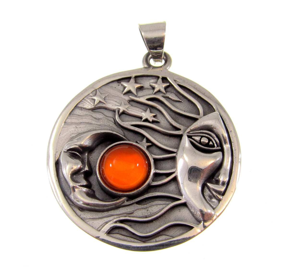 Solid 925 Sterling Silver Sun Moon & Stars Pendant with Citrine, Celestial Moon Face Amulet