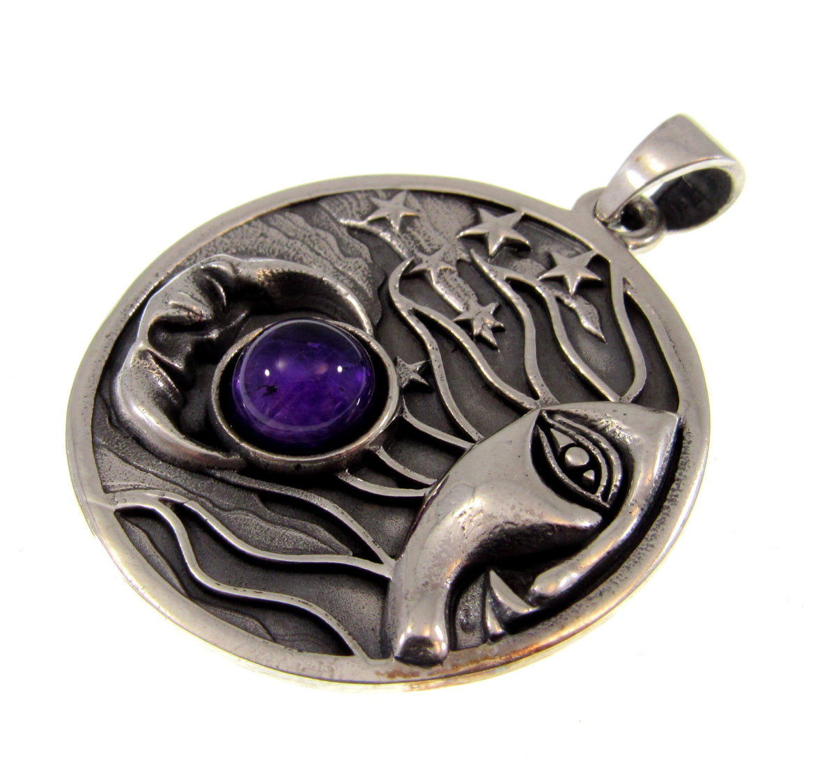 Solid 925 Sterling Silver Sun Moon & Stars Pendant with Citrine, Celestial Moon Face Amulet