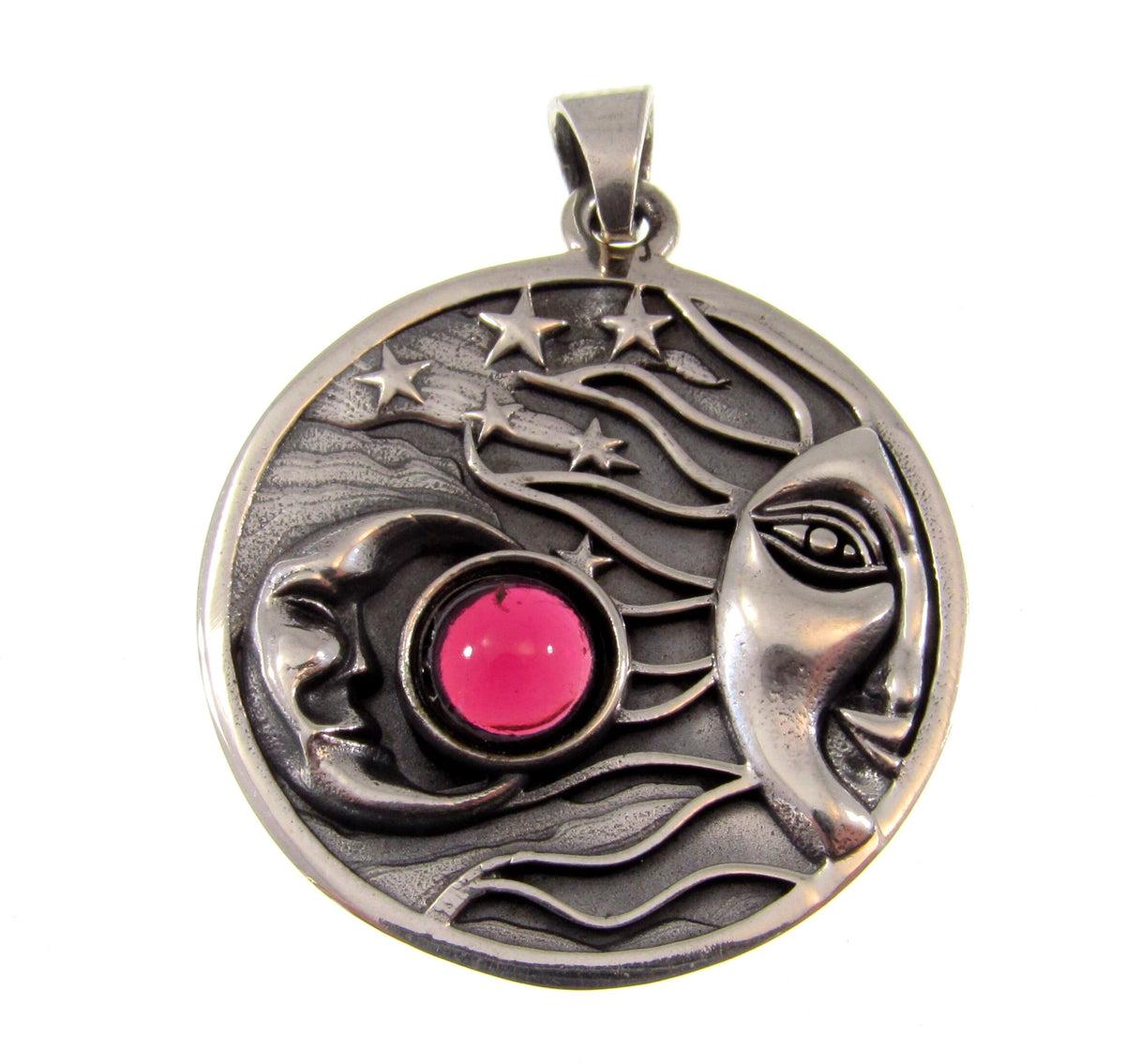 Solid 925 Sterling Silver Sun Moon & Stars Pendant with Citrine, Celestial Moon Face Amulet
