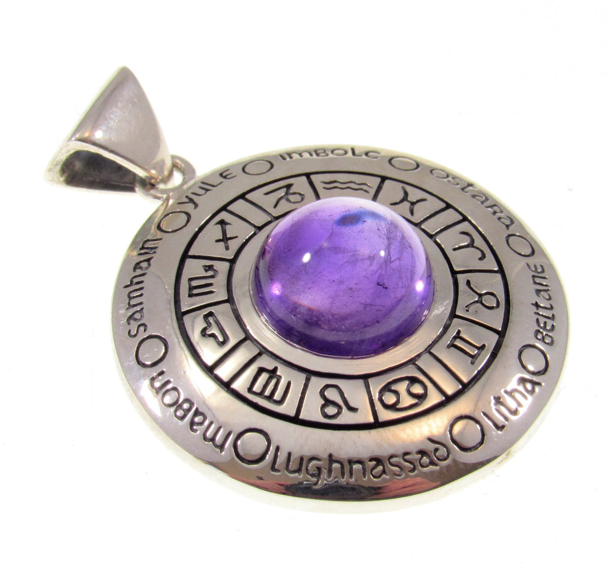 Solid 925 Sterling Silver Wheel of the Year Zodiac Pendant With Amethyst or Moonstone