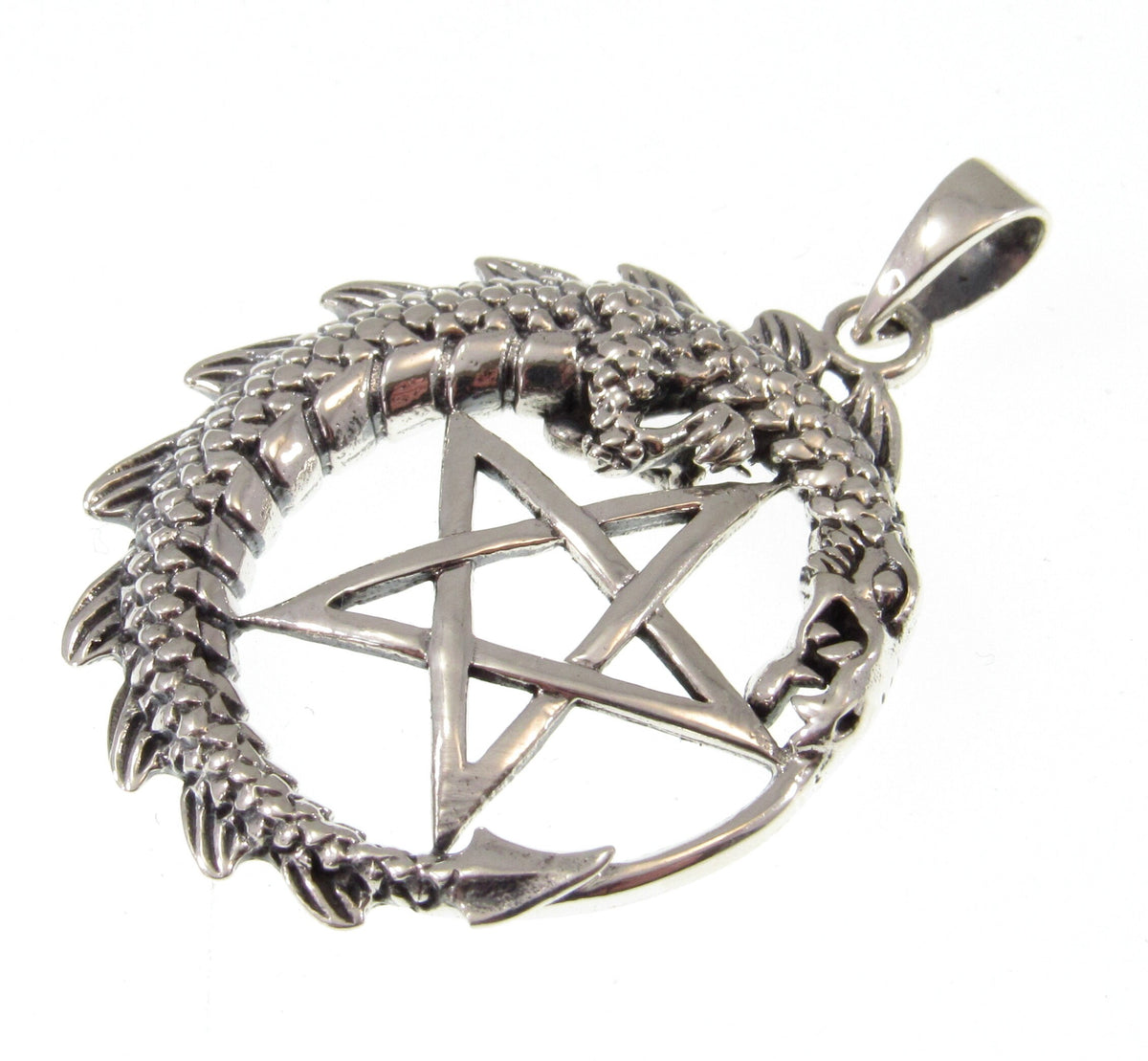 Solid 925 Sterling Silver Dragon Pentacle Pendant, Ouroboros Pentagram Amulet, Magic Pagan Talisman