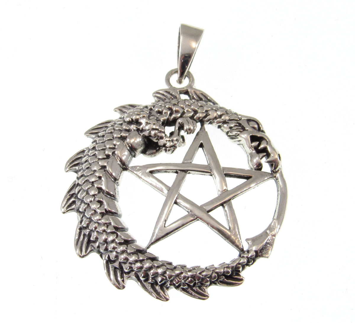 Solid 925 Sterling Silver Dragon Pentacle Pendant, Ouroboros Pentagram Amulet, Magic Pagan Talisman