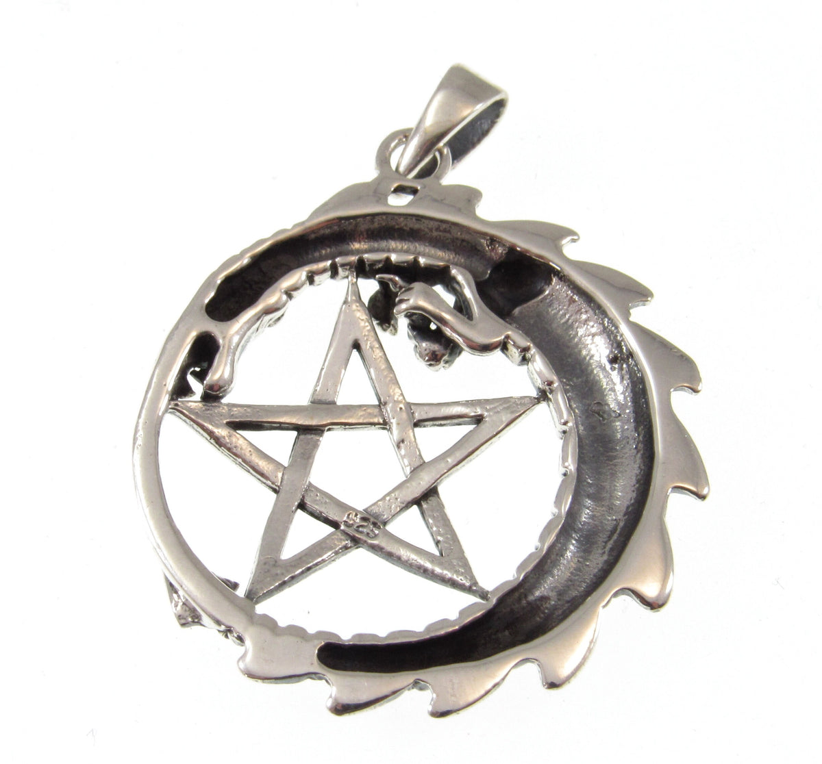Solid 925 Sterling Silver Dragon Pentacle Pendant, Ouroboros Pentagram Amulet, Magic Pagan Talisman