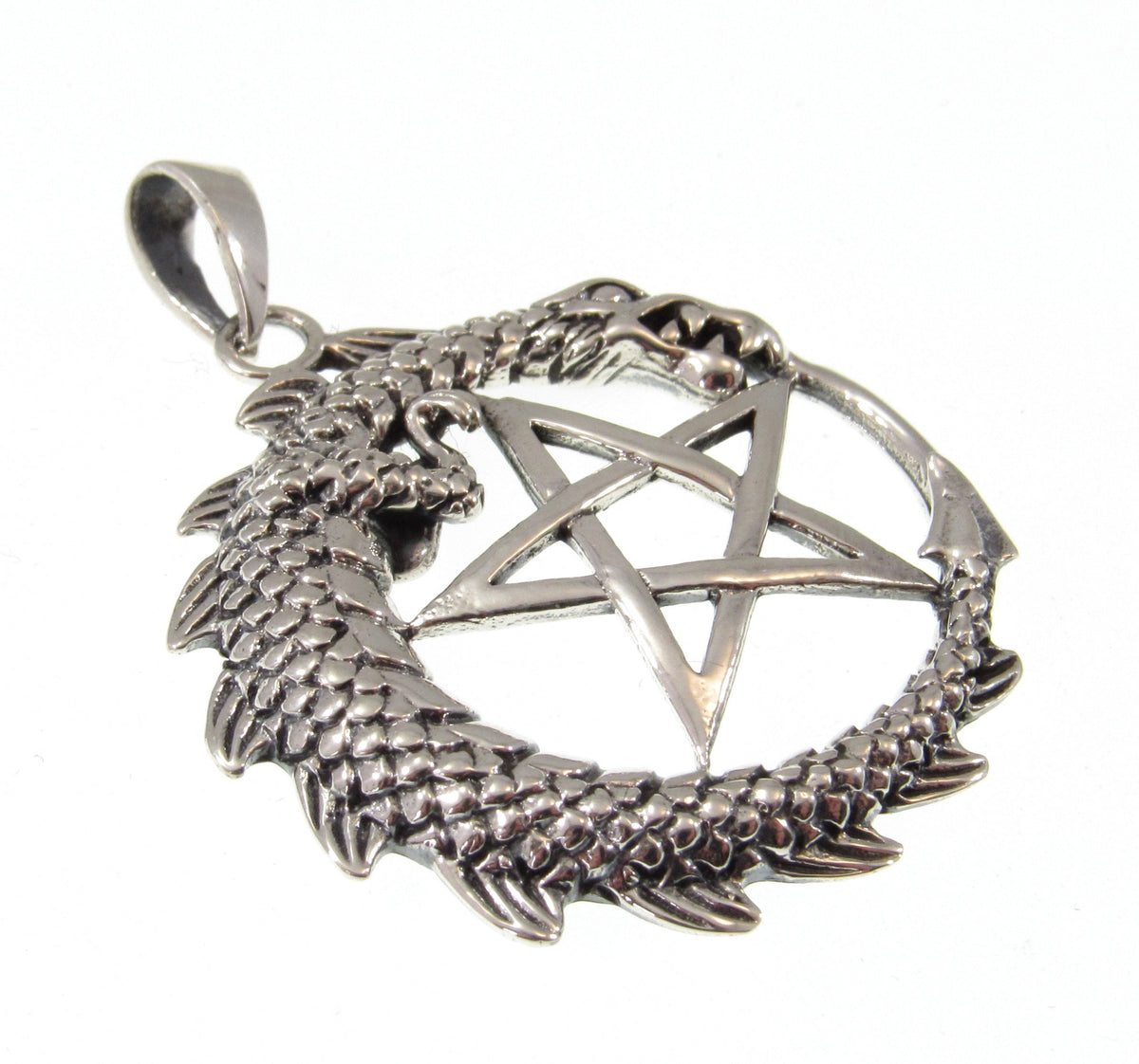 Solid 925 Sterling Silver Dragon Pentacle Pendant, Ouroboros Pentagram Amulet, Magic Pagan Talisman