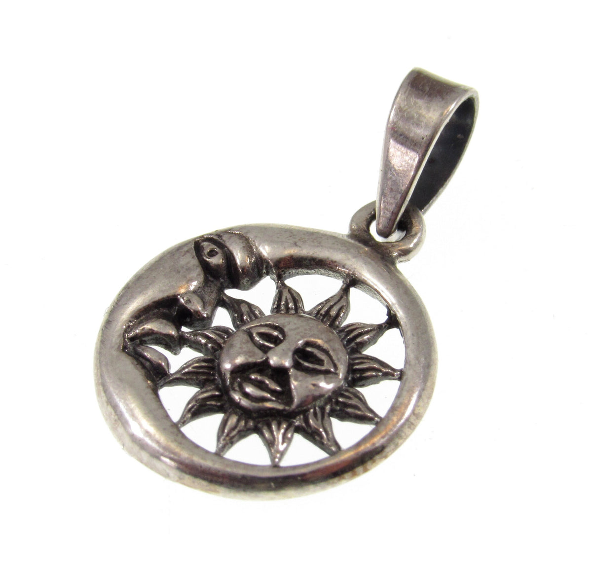 Solid 925 Sterling Silver Sun & Crescent Moon Faces Pendant – Lunar Solar Symbol Necklace Charm