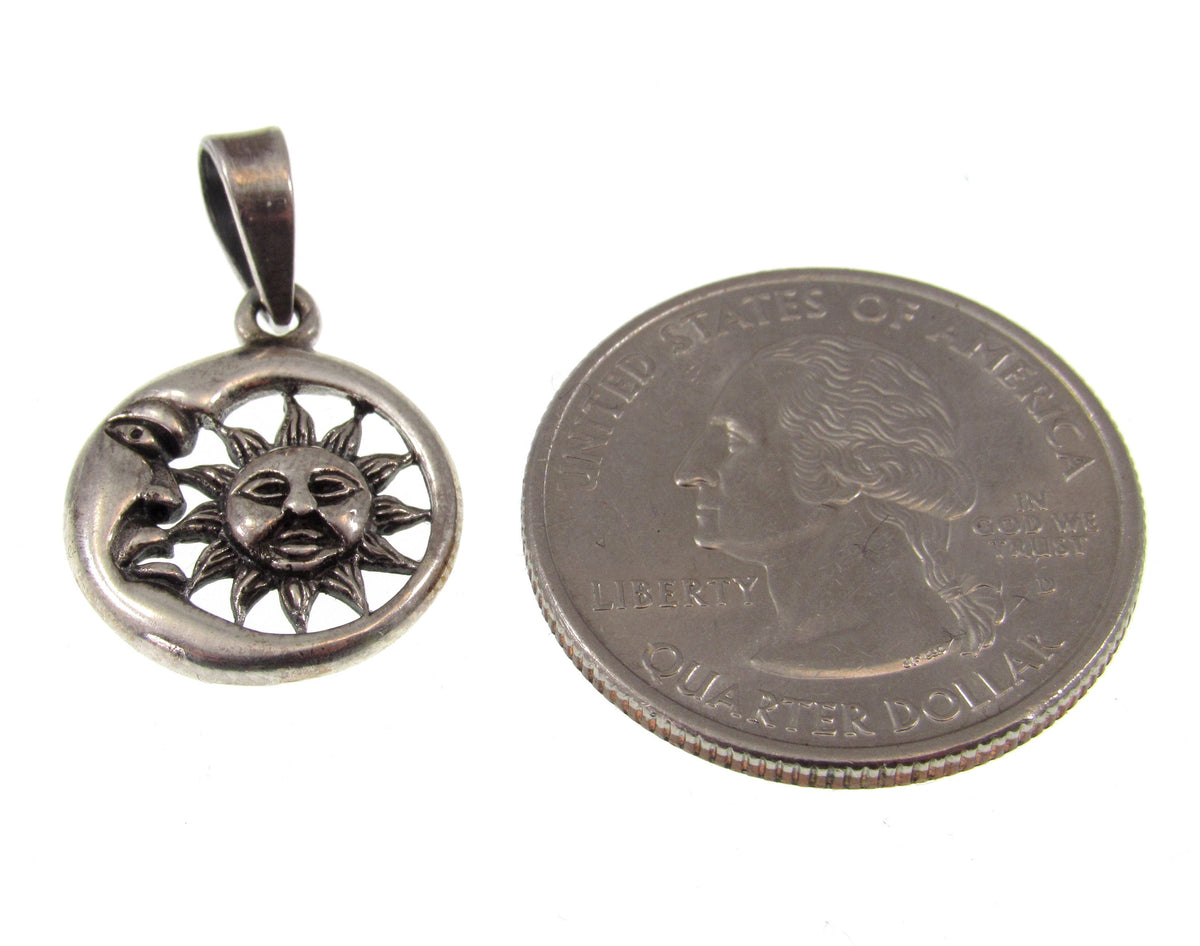 Solid 925 Sterling Silver Sun & Crescent Moon Faces Pendant – Lunar Solar Symbol Necklace Charm
