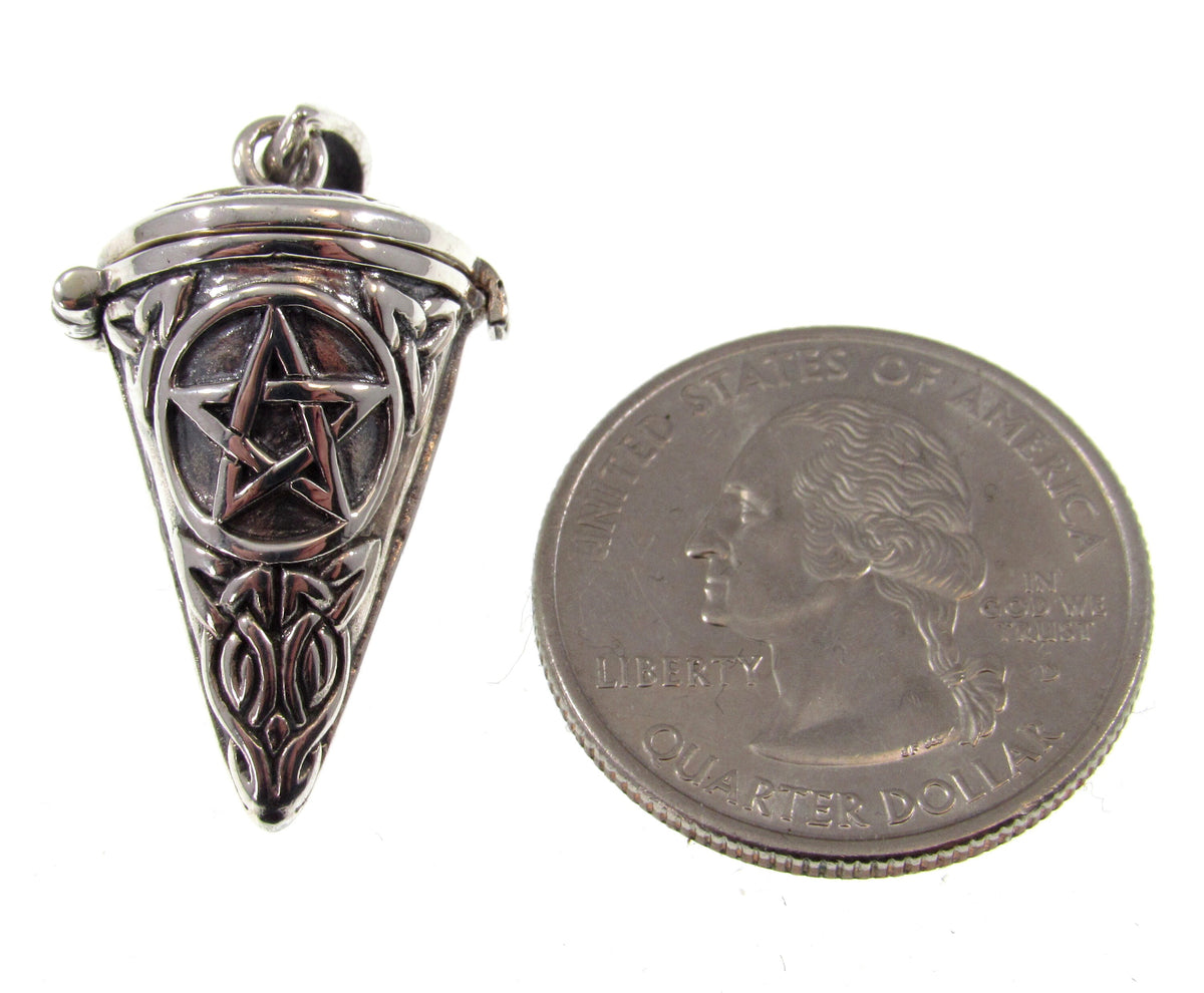 Solid 925 Sterling Silver Pentacle Pendulum, Secret Locket Compartment, Wiccan Pagan Talisman