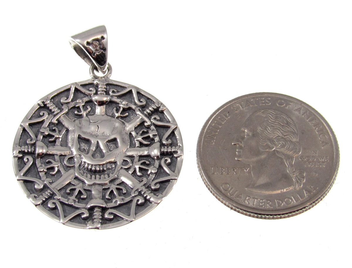 Solid 925 Sterling Silver Oxidized Aztec Mayan Pirate Skull Coin Doubloon Pendant